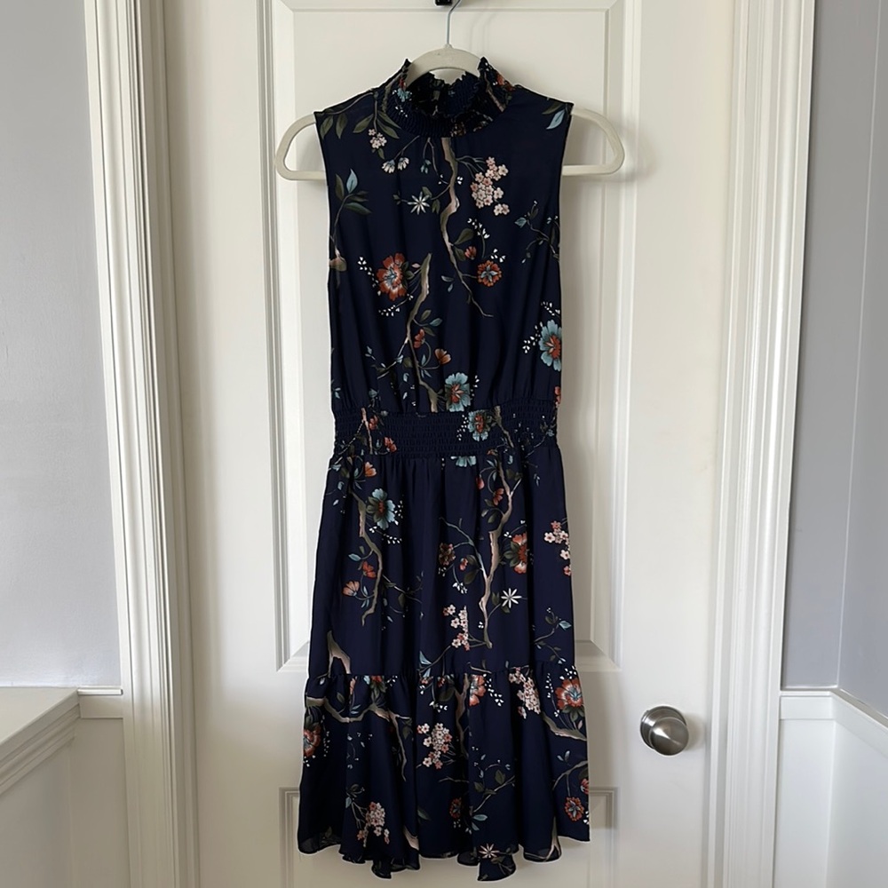 Nannette Blue and Pink Sleeveless Mock Neck Midi Dress